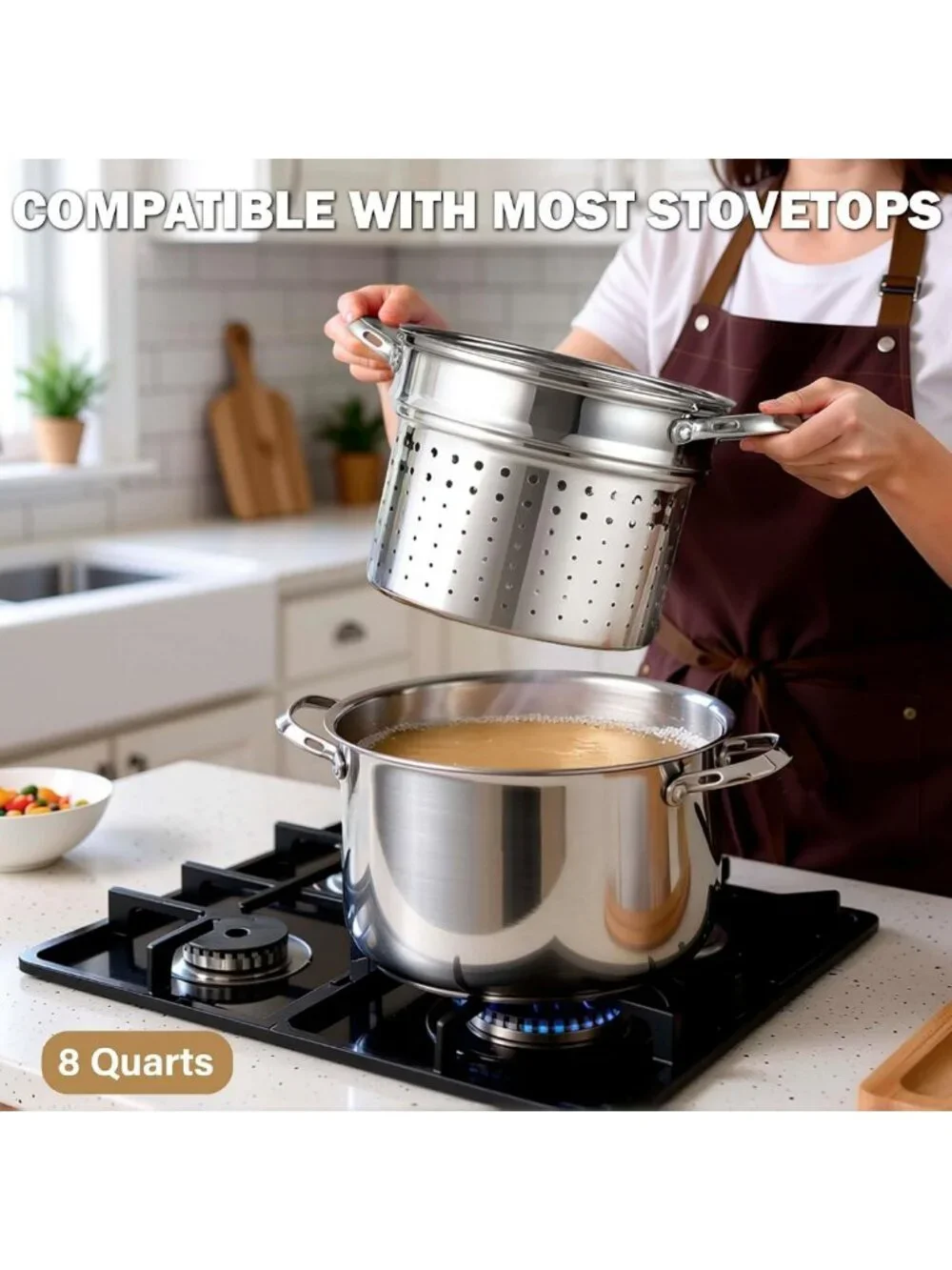 8 Quart Stainless Steel Pasta Pot Set - 4-Piece Stock Pot with Strainer